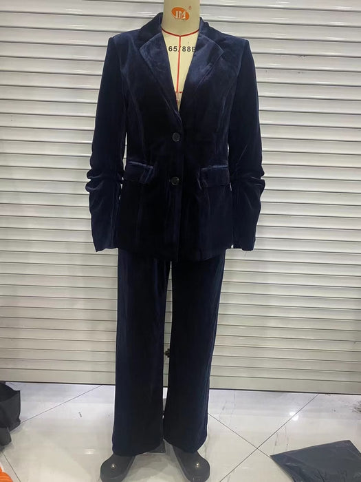 Women Clothing Solid Color Long Sleeve Velvet Pleated Blazer Velvet Trousers Suit