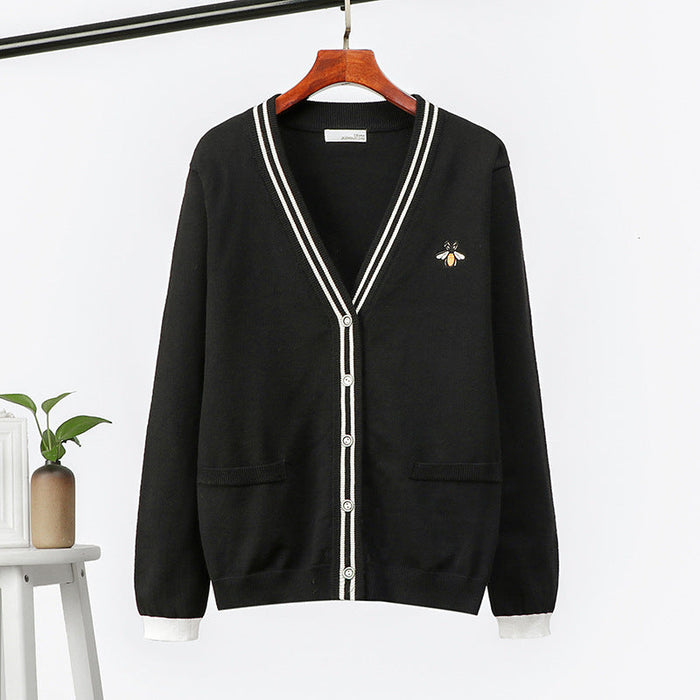 High Quality Sweater Women Autumn Winter Embroidery Little Bee Thick Knitwear Cardigan Coat