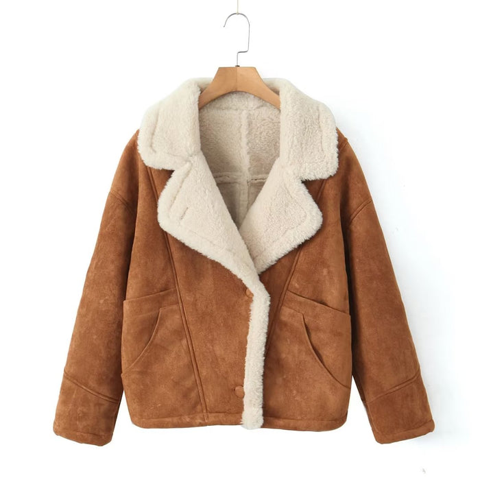 Women Clothing Autumn Winter Retro Lamb Wool Collared Loose Casual Warm Jacket