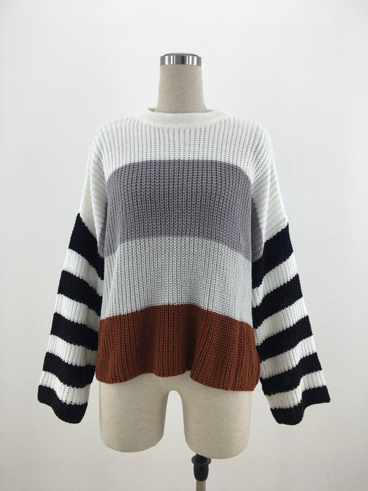 Autumn Winter Women Color Splicing Knitwear Pullover Office Loose Sweater Women