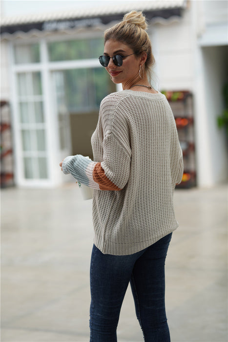 Autumn Winter Stitching Loose Sweater Pullover Round Neck All Matching Sweater Women