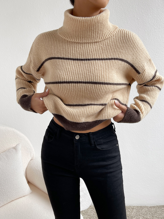 Casual Striped Contrast Color Top High Necked All Matching Casual Sweater Loose Sweater