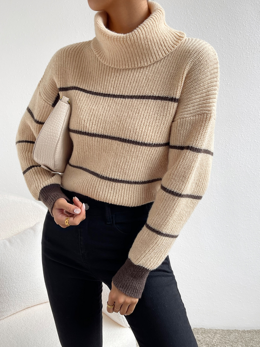 Casual Striped Contrast Color Top High Necked All Matching Casual Sweater Loose Sweater