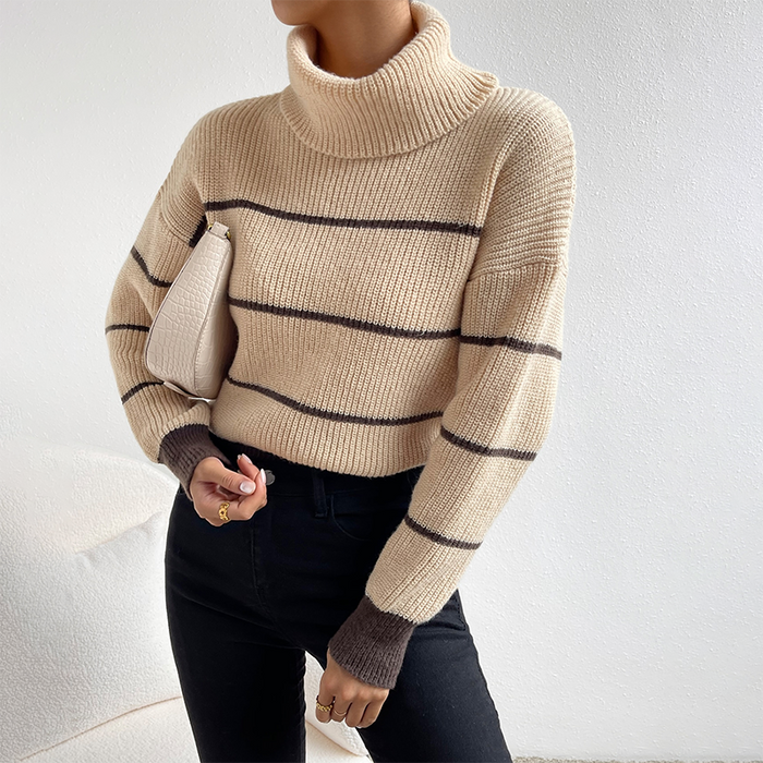 Casual Striped Contrast Color Top High Necked All Matching Casual Sweater Loose Sweater