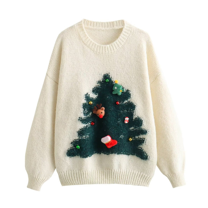 Women Autumn Winter Christmas Tree Atmosphere Round Neck Pullover Knitted Sweater