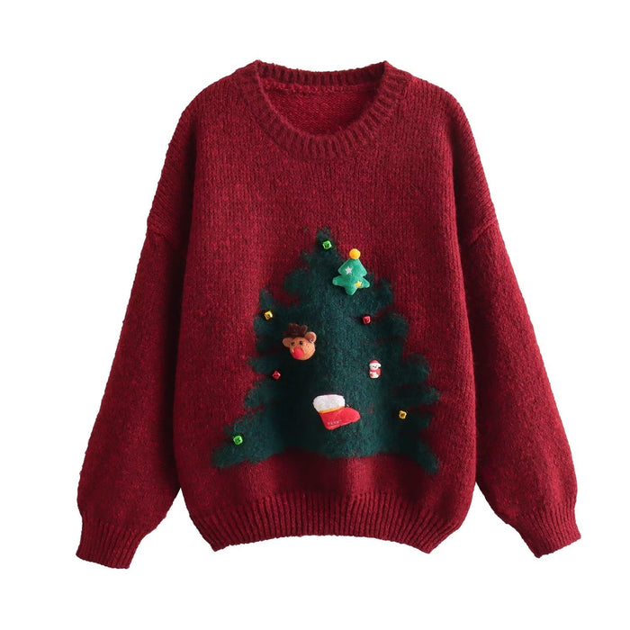 Women Autumn Winter Christmas Tree Atmosphere Round Neck Pullover Knitted Sweater