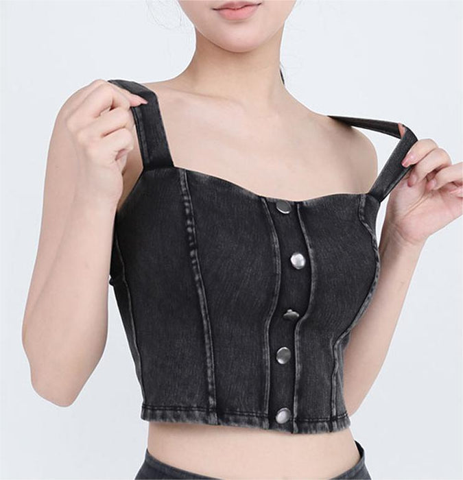 Women Faux Denim Workout Yoga Vest High Elastic U Shaped Strap With Chest Pad Slimming Metal Buckle Sling Sports Casual Top