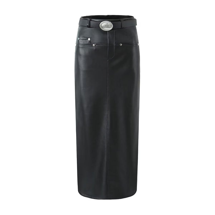 Autumn Winter High Waist Skirt Glossy Sexy All Matching High Grade Split Fleece Lined Faux Leather Skirt Straight