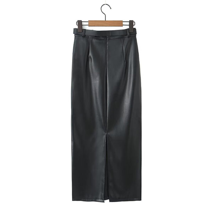 Autumn Winter High Waist Skirt Glossy Sexy All Matching High Grade Split Fleece Lined Faux Leather Skirt Straight