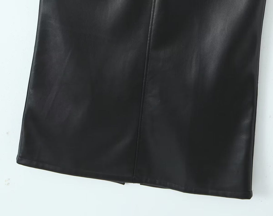 Autumn Winter High Waist Skirt Glossy Sexy All Matching High Grade Split Fleece Lined Faux Leather Skirt Straight