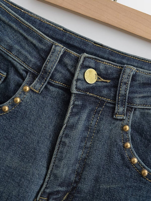 Women Fall Slim Fit Rivet Washed Blue High Waist Slim Fit Blue Jeans