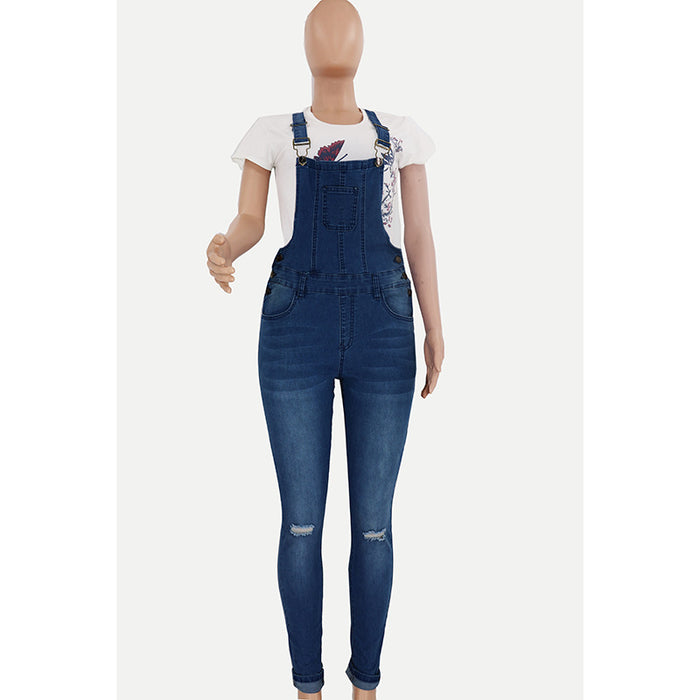 Women Ripped Washed Jeans Suspender Pants