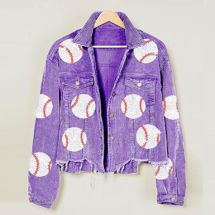 Popular Distressed Corduroy Jacket Women Baseball Sequined Jacket Tops Outerwear