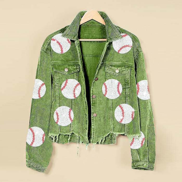 Popular Distressed Corduroy Jacket Women Baseball Sequined Jacket Tops Outerwear