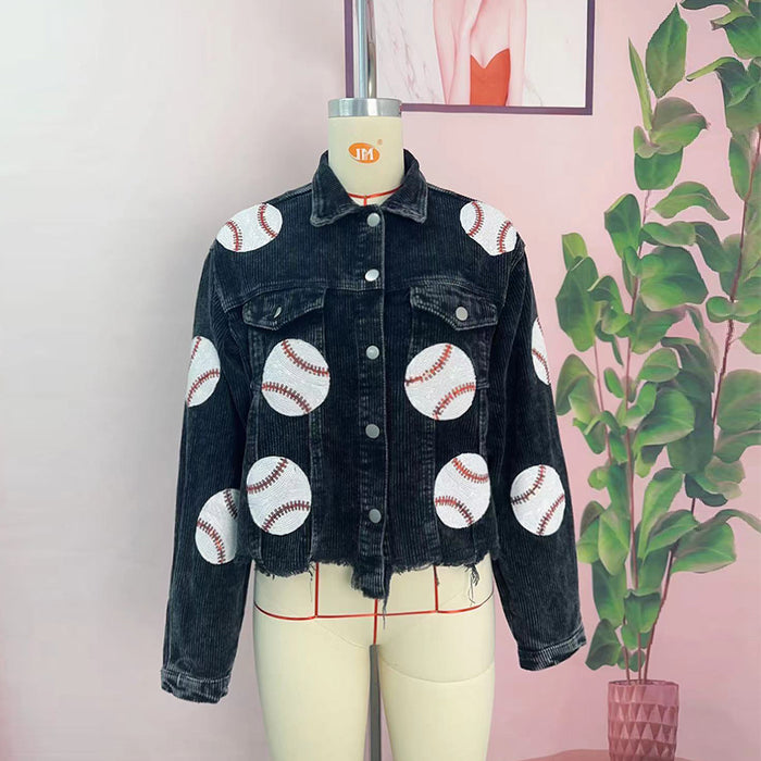 Popular Distressed Corduroy Jacket Women Baseball Sequined Jacket Tops Outerwear