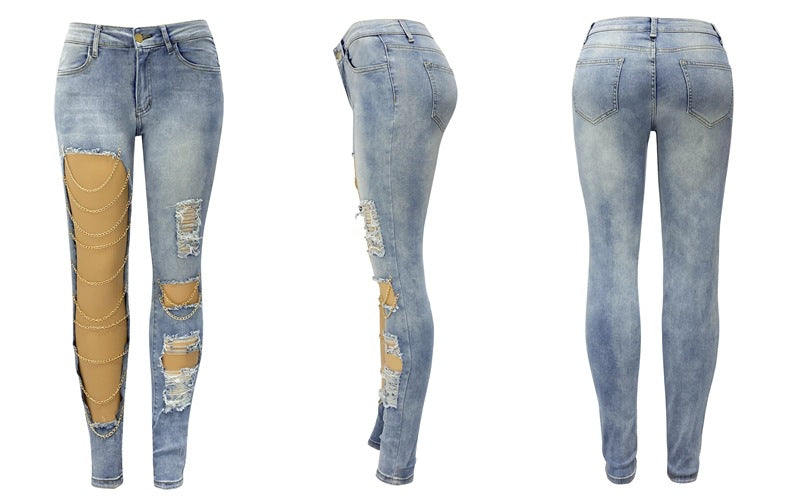 Large Ripped Slim Jeans Women Chain Ornaments Skinny Pants