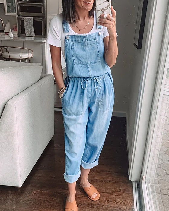 Women Denim Jumpsuit Loose Elastic Mid Waist Jumpsuit Wome Pants