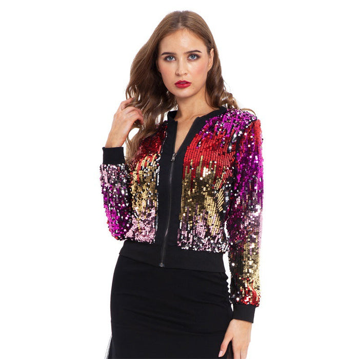 Autumn Winter Sequin Gradient Color Women   Jacket Coat