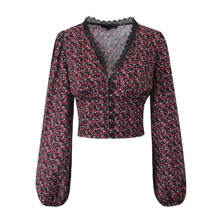 Spring Summer Independent Station Sexy Floral V neck Lace Stitching Long Sleeved Shirt