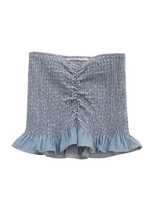 Summer Sexy Sexy Pleated Binding Smocking Lace Denim Tube Top Small Top