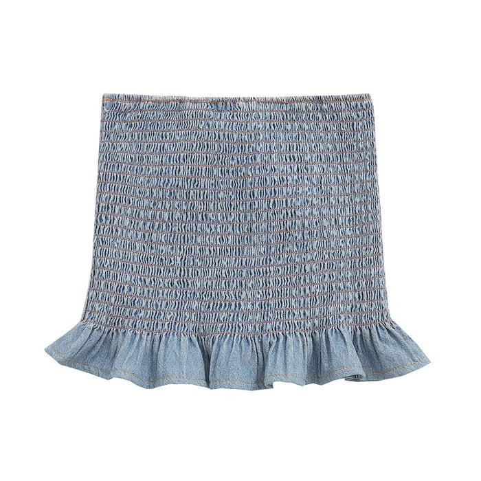 Summer Sexy Sexy Pleated Binding Smocking Lace Denim Tube Top Small Top