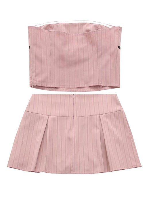 Summer Women Sexy Suit Sexy Pink Striped Tube Top Vest Low Waist Anti Exposure Pleated Skirt