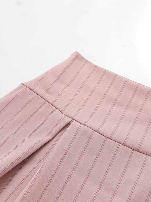 Summer Women Sexy Suit Sexy Pink Striped Tube Top Vest Low Waist Anti Exposure Pleated Skirt