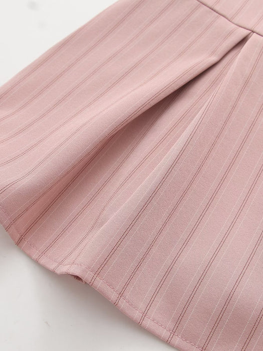 Summer Women Sexy Suit Sexy Pink Striped Tube Top Vest Low Waist Anti Exposure Pleated Skirt