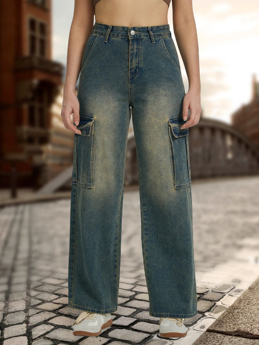 Autumn High Street Overalls Pocket Design Washed High Waist Straight Jeans for Women