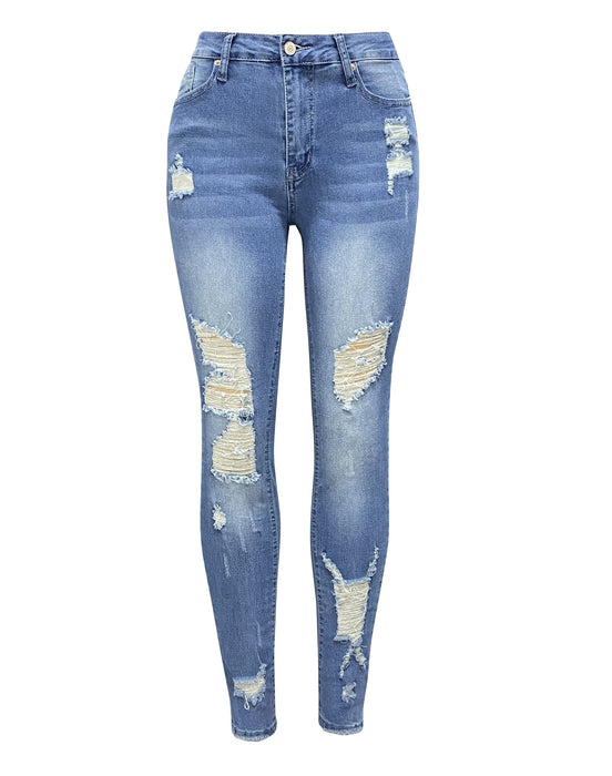 Denim Skinny Pants Women Long Ripped Mid Waist Jeans