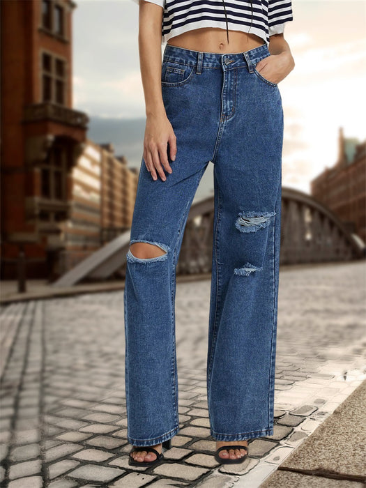 Women Wear Loose Fitting Wide Leg Trousers High Waist Ripped Jeans