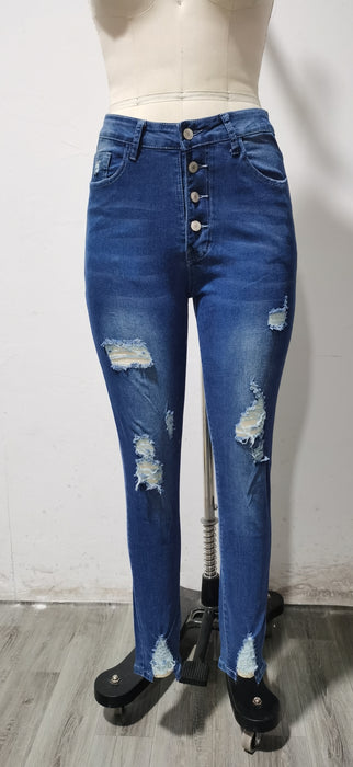 Autumn Ripped Ankle Tied Jeans Women Washed Breasted Pencil Casual Pants