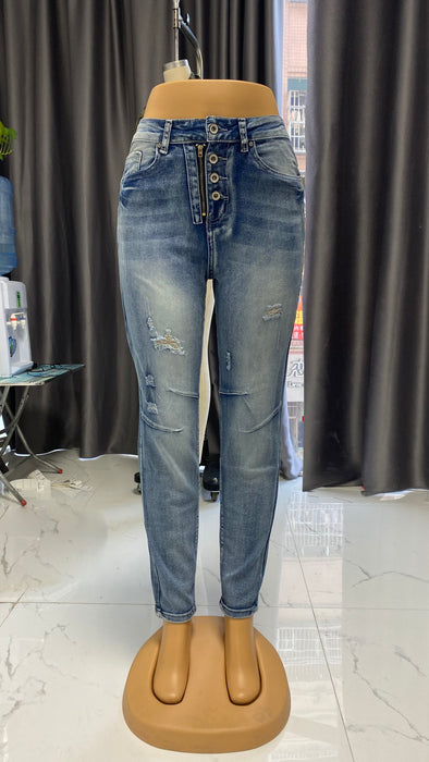 Vintage Zipper Jeans Women Stretch Washed Trousers