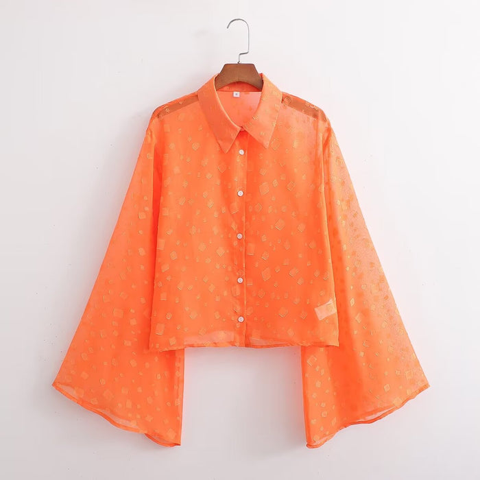 Autumn Women Orange Wide Floral Long Sleeve Casual Shirt