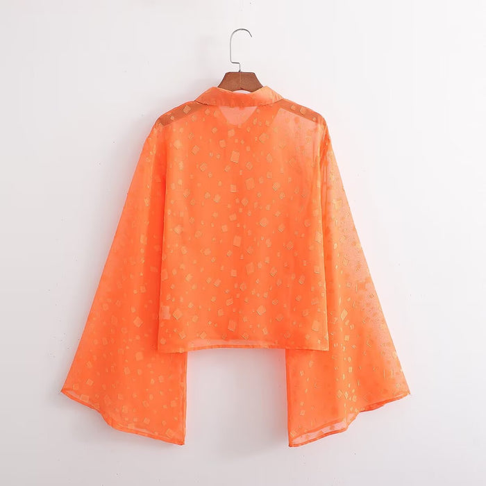 Autumn Women Orange Wide Floral Long Sleeve Casual Shirt