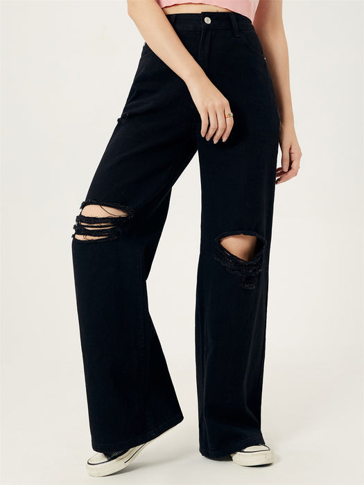 Loose Casual Pants Black Ripped Jeans