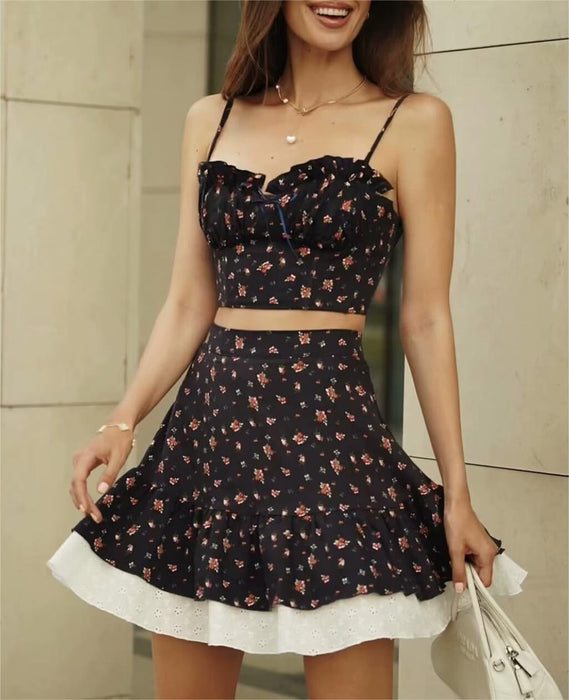 Women Clothing Spring Summer Vacation Black Small Floral Suit Skirt Suspender Skirt for Women