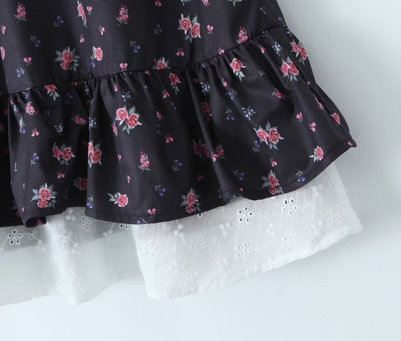 Women Clothing Spring Summer Vacation Black Small Floral Suit Skirt Suspender Skirt for Women