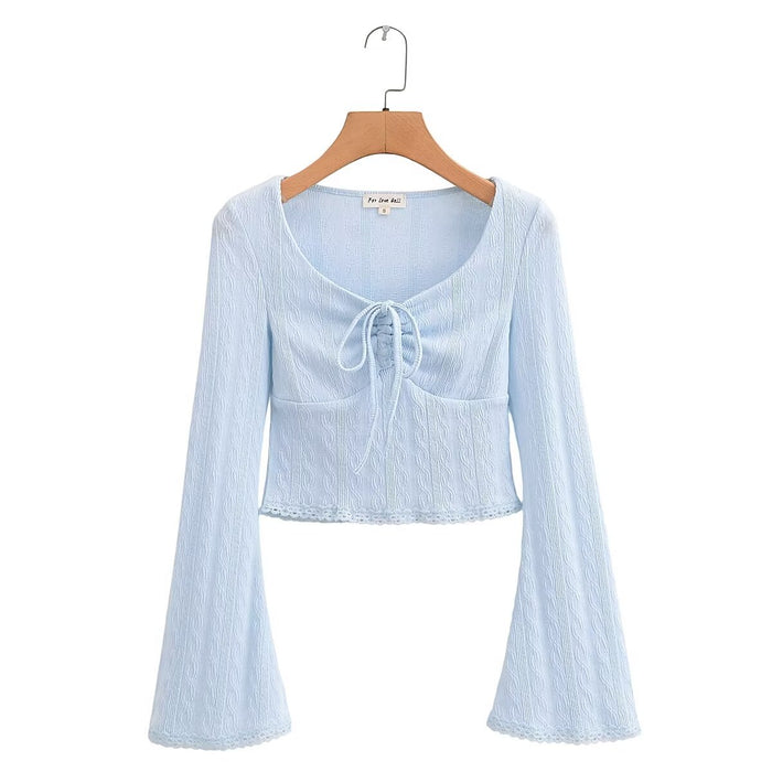 Women Two Color Jacquard Knitted Butterfly Tie Neck Flared Sleeves Lace Knitted Top