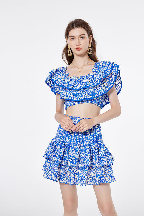 Embroidered Off The Shoulder Ruffled Top High Waist Slim Skirt Two Piece Set