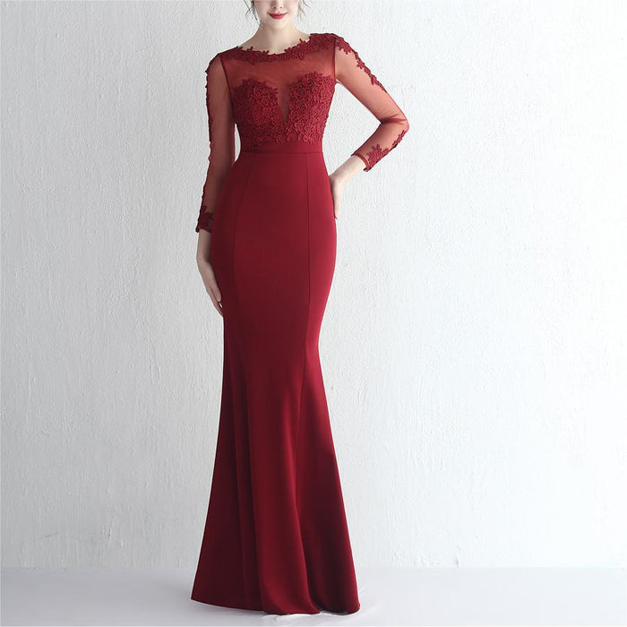 Satin Rhinestone Lace Overweight-Shaped Hand Bride Long Long Sleeve Appreciation Dinner Fishtail Evening Dress