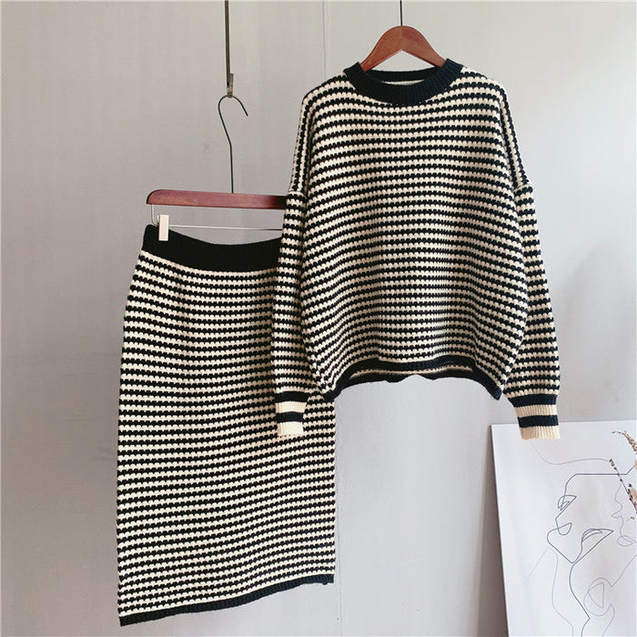 Artistic Retro Striped Knitted Skirt Women Korean Knitted Sheath Skirt Two Piece Set