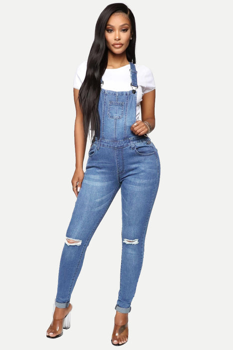 Women Ripped Washed Jeans Suspender Pants