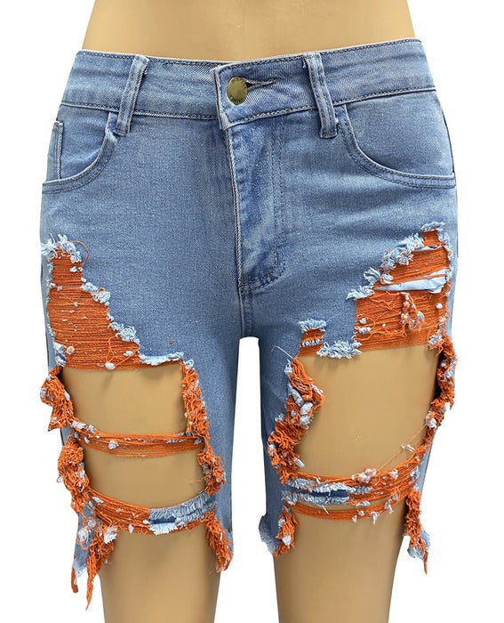 Spring Summer Denim Shorts Women High Street Girls Ripped Burr Pants