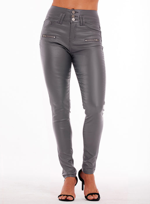 Women Clothing High Waist Stretch Coated Noble Gray Faux Leather Pants Denim Skinny Pants Faux Leather 3 Button