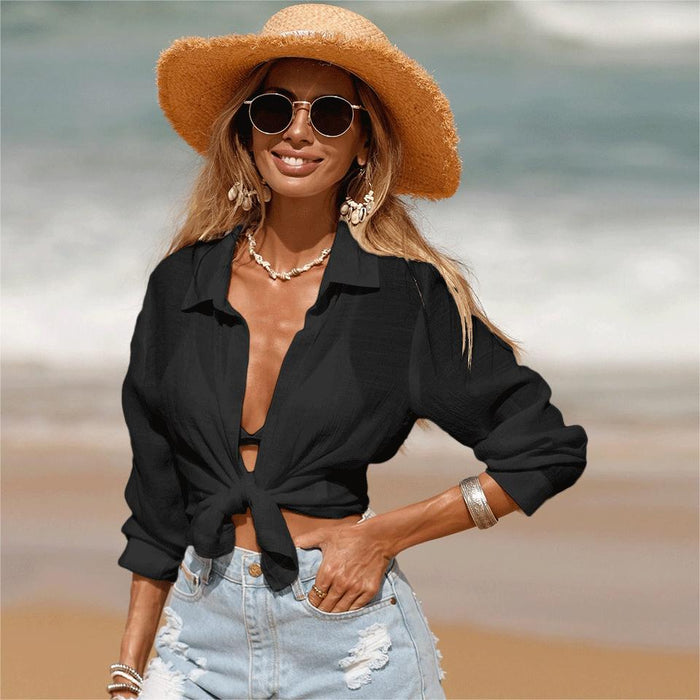 Summer Beach Sun Protection Clothing Bikini Short Cardigan Long Sleeve Blouse Vacation Sun Protection Shirt for Women