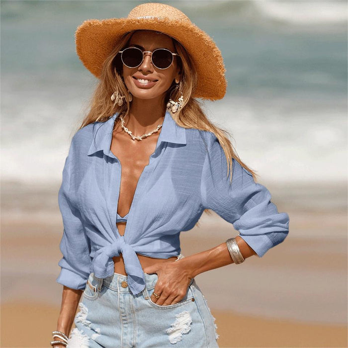 Summer Beach Sun Protection Clothing Bikini Short Cardigan Long Sleeve Blouse Vacation Sun Protection Shirt for Women