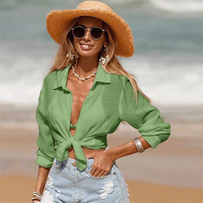 Summer Beach Sun Protection Clothing Bikini Short Cardigan Long Sleeve Blouse Vacation Sun Protection Shirt for Women