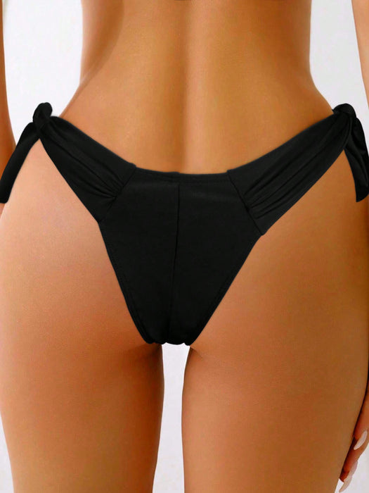 Bikinx Solid Color Pleated Side Tied Bikini Bottoms