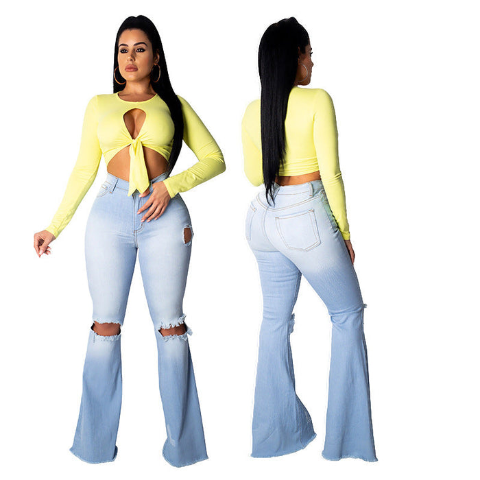 Sexy Fashion All Match Knee Hole Stretch Tight Denim Bell Bottom Pants